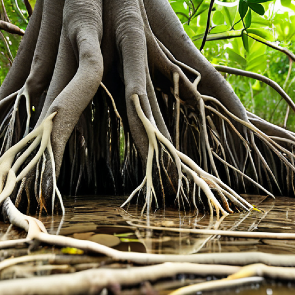 **

A vibrant, close-up shot of mangrove roots teeming with life. Focus on the intricate network of roots submerged in sediment, showcasing various microorganisms (bacteria, fungi, protozoa) and small crustaceans. Illustrate the decomposition of organic matter and the release of nutrients. The style should be highly detailed and realistic, emphasizing the hidden world within the mangrove ecosystem.

**