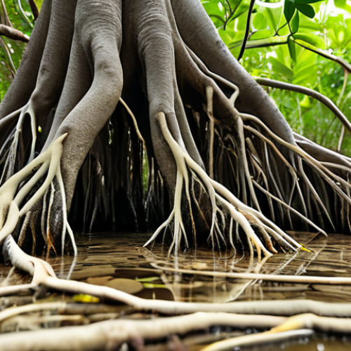 **

A vibrant, close-up shot of mangrove roots teeming with life. Focus on the intricate network of roots submerged in sediment, showcasing various microorganisms (bacteria, fungi, protozoa) and small crustaceans. Illustrate the decomposition of organic matter and the release of nutrients. The style should be highly detailed and realistic, emphasizing the hidden world within the mangrove ecosystem.

**