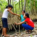 **

A vibrant scene showcasing a community environmental education program near a coastal area in Malaysia. Children are excitedly learning about mangrove forests, with some aspiring to be marine biologists or conservation volunteers. Capture the enthusiastic spirit of the younger generation involved in environmental awareness activities, highlighting the importance of mangrove ecosystems.

**