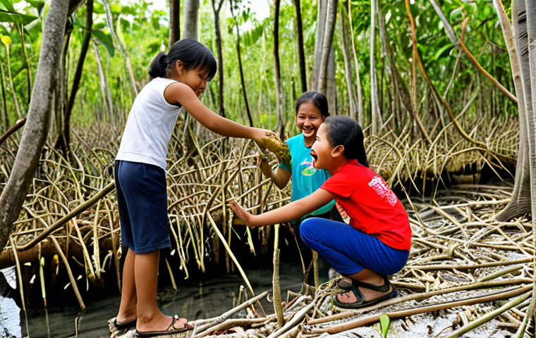 **
A vibrant scene showcasing a community environmental education program near a coastal area in Malaysia. Children are excitedly learning about mangrove forests, with some aspiring to be marine biologists or conservation volunteers. Capture the enthusiastic spirit of the younger generation involved in environmental awareness activities, highlighting the importance of mangrove ecosystems.
**